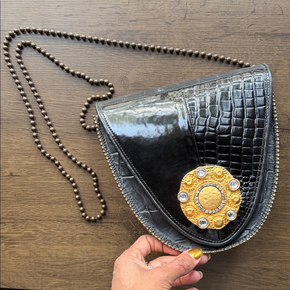 Vintage 1994 Nina Arjani Leatherock Black Leather Crossbody Bag